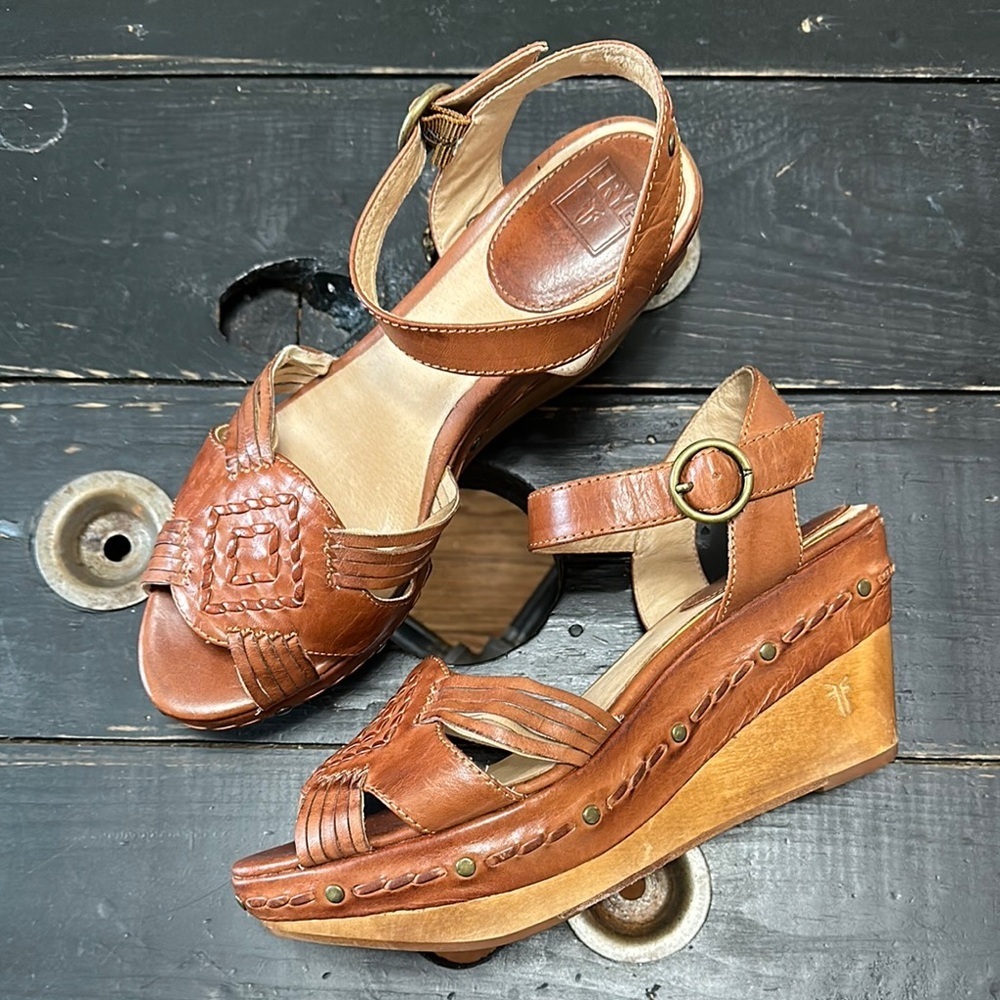 FRYE Carlie Huarache Ankle Brown Leather Wedge Sandals - Picture 4 of 14